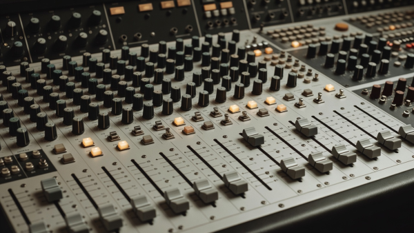 Analog audio mixing desk dials and faders