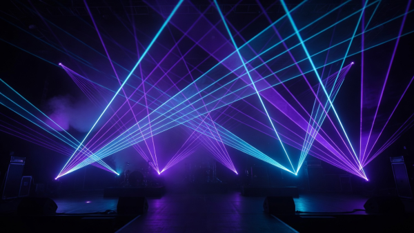 Concert stage lighting with deep violet and cyan lasers