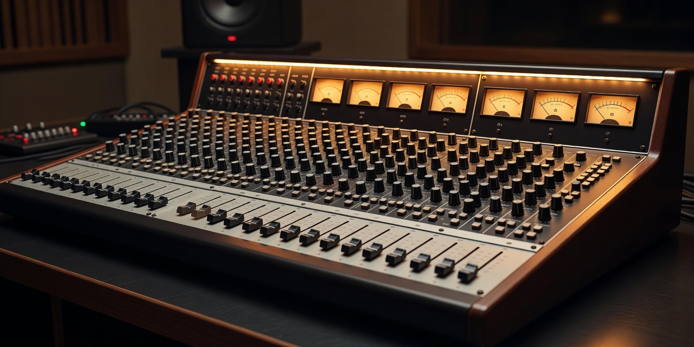 Hardware analog console with level meters and warm ambient backlighting