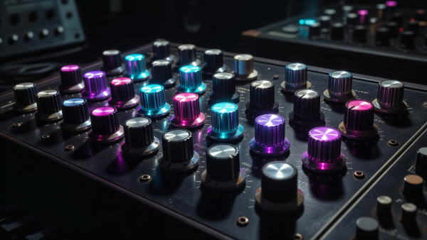 Vintage synthesizer knobs glowing with neon studio illumination